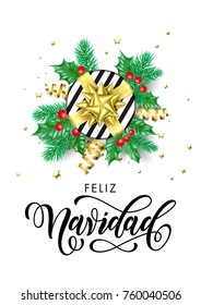 Feliz Navidad Spanish Merry Christmas holiday hand drawn calligraphy text for greeting card background design template. Vector gift on Christmas tree holly wreath decoration and golden ribbon confetti