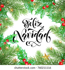 Feliz Navidad Spanish Merry Christmas holiday hand drawn calligraphy text for greeting card background design template. Vector Christmas tree holly wreath decoration and golden stars garland