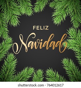 Feliz Navidad Spanish Merry Christmas holiday golden hand drawn calligraphy text for greeting card of wreath decoration and Christmas fir garland. Vector background design template for winter season