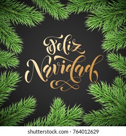 Feliz Navidad Spanish Merry Christmas hand drawn golden calligraphy in fir branch wreath decoration and Christmas garland. Vector winter New Year holiday greeting card black background design template