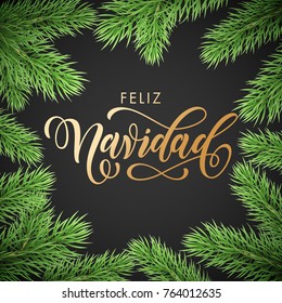 Feliz Navidad Spanish Merry Christmas golden hand drawn calligraphy in fir branch wreath decoration and Christmas golden text font. Vector winter New Year holiday greeting card black background