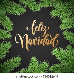 Feliz Navidad Spanish Merry Christmas holiday golden hand drawn calligraphy text for greeting card of wreath decoration and Christmas fir garland. Vector background design template for winter season