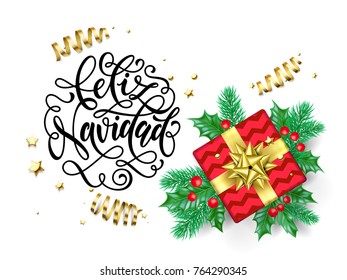 Feliz Navidad Spanish Merry Christmas hand drawn calligraphy for holiday greeting card background template. Vector Christmas tree holly wreath decoration, golden gift ribbon confetti white design