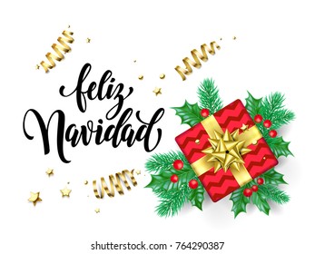 Feliz Navidad Spanish Merry Christmas holiday hand drawn calligraphy text for greeting card background design template. Vector gift on Christmas tree holly wreath decoration and golden ribbon confetti