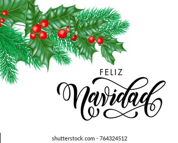 Feliz Navidad Spanish Merry Christmas hand drawn calligraphy in holly wreath decoration and Christmas tree fir or pine branches. Vector winter New Year holiday greeting card white background template