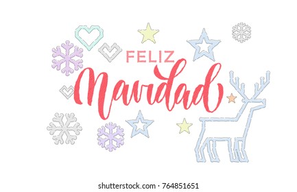 Feliz Navidad Spanish Merry Christmas knitted calligraphy font decoration for holiday greeting card design. Vector Christmas deer, snowflake decoration embroidery pattern on New Year white background