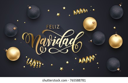 Feliz Navidad Spanish Merry Christmas golden decoration, hand drawn gold calligraphy font for greeting card black background. Vector Christmas or New Year holiday gold star shiny confetti decoration