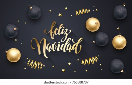 Feliz Navidad Spanish Merry Christmas golden decoration, calligraphy gold font for greeting card black background design. Vector Christmas, New Year holiday shiny star confetti star golden decoration