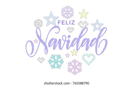 Feliz Navidad Spanish Merry Christmas embroidery font knitted decoration for holiday greeting card design. Vector Christmas calligraphy text, deer or snowflake decoration on white New Year background