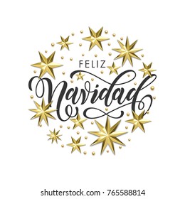 Feliz Navidad Spanisch Frohe Weihnachten goldene Dekoration, kalligraphische Schriftart für Einladung oder Grußkartenweißer Hintergrund. Winterferien- oder Winterferien im Vektorschnee oder Neujahr