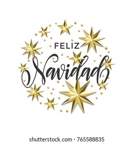 Feliz Navidad Spanish Merry Christmas golden decoration, calligraphy font for invitation or greeting card white background. Vector Christmas or New Year winter holiday gold star snowflake decoration