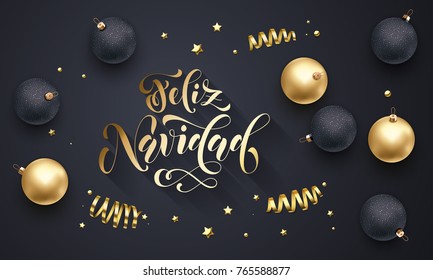 Feliz Navidad Spanish Merry Christmas golden decoration, hand drawn calligraphy golden font for invitation black festive background. Vector Christmas, New Year holiday star shiny confetti decoration