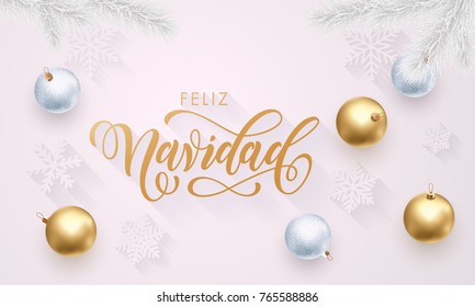 Feliz Navidad Spanisch Frohe Weihnachten goldene Dekoration, handgezeichnete goldene Kalligrafie-Schriftart für Grußkartenhintergrund. Weihnachten- oder Neujahrsfeiertag goldener Stern glänzende Konfetti-Dekoration