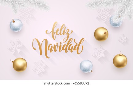 Feliz Navidad Spanish Merry Christmas golden decoration, calligraphy gold font for greeting card white background design. Vector Christmas, New Year holiday shiny star confetti star golden decoration