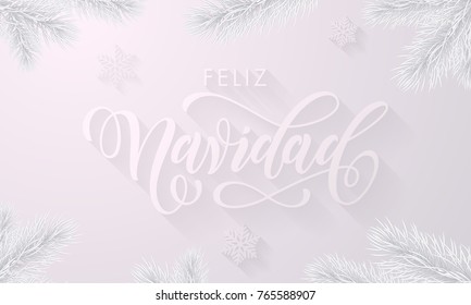 Feliz Navidad Spanish Merry Christmas icy frozen font and icy snowflake white background for Xmas greeting card design. Vector Christmas or New Year winter holiday frosted tree decoration background