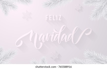 Feliz Navidad Spanish Merry Christmas frozen ice calligraphy font for greeting card and snowflakes on snow white background. Vector Christmas or New Year winter holiday premium icy branch decoration