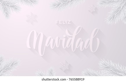 Feliz Navidad Spanish Merry Christmas holiday snowflake decoration on white snow frost background. Vector frozen ice calligraphy font and icy fir branch for Christmas or New Year greeting card