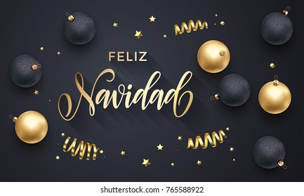 Feliz Navidad Spanish Merry Christmas golden decoration, hand drawn calligraphy golden font for invitation black festive background. Vector Christmas, New Year holiday star shiny confetti decoration