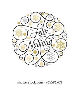 Feliz Navidad Spanish Merry Christmas calligraphy lettering and golden snowflake pattern on white background for greeting card design. Vector golden Christmas flourish swash holiday text decoration