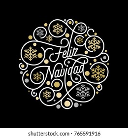 Feliz Navidad Spanish Merry Christmas calligraphy lettering and golden snowflake pattern on white background for greeting card design. Vector golden Christmas flourish swash holiday text decoration