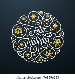 Feliz Navidad Spanish Merry Christmas calligraphy lettering and golden snowflake star pattern decoration on white background for greeting card design. Vector golden Christmas flourish holiday text.