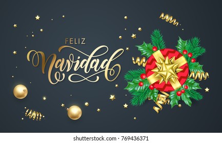 Feliz Navidad Spanish Merry Christmas golden decoration and gold font calligraphy greeting card design. Vector Christmas gift box wreath decoration for New Year holiday confetti on black background