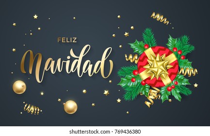 Feliz Navidad Spanish Merry Christmas holiday golden calligraphy and gold decoration greeting card template. Vector Christmas tree holly wreath decoration confetti on black premium background design.