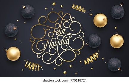 Feliz Navidad Spanish Merry Christmas flourish golden calligraphy lettering of swash gold typography for greeting card design. Vector golden decoration and Christmas text on holiday black background