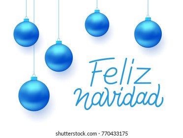 Feliz Navidad spanish Merry Christmas line art style lettering text with red color balls isolated on white background. Greeting card design with seasons greetings. Vector illustration