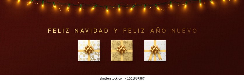 Feliz Navidad spanischer Text. Fröhlicher Weihnachtshintergrund mit Geschenkbox und realistischen hellen Garnelen. Weihnachtsbanner. Festliche Illustration