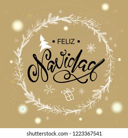 Feliz Navidad spanish text for Merry Christmas greeting card. Premium luxury background for holiday greeting card. Gold calligraphy lettering