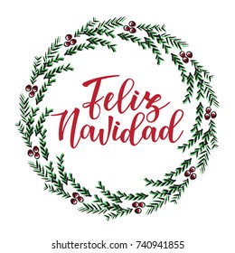 Spanische Typografie-Schriftzeichen von 'Feliz navidad'. Feiertagsgruß Spanisches Zitat einzeln auf Weiß. Ideal für Weihnachten- und Neujahrskarten, Geschenkanhänger.