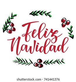 'Feliz navidad' Spanish typography lettering. Holiday greetings Spanish quote isolated on white. Great for Christmas and New year cards, gift tags.