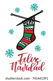 'Feliz navidad' Spanish typography lettering with holiday socks. Holiday greetings Spanish quote isolated on white. Great for Christmas and New year cards, gift tags.