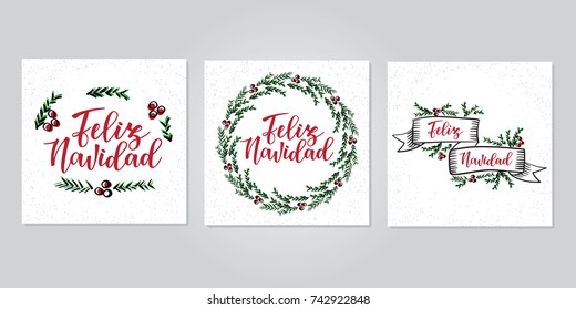 'Feliz navidad' Spanish typography lettering. Holiday greetings Spanish quote isolated on white. Great for Christmas and New year cards, gift tags.