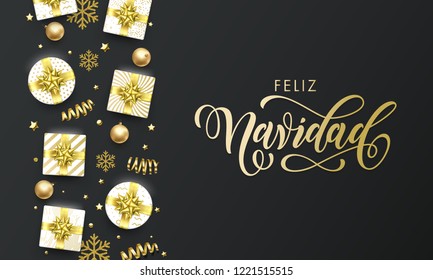 Feliz Navidad Spansih Merry Christmas golden greeting card on premium black background. Vector Christmas calligraphy lettering, gifts, snowflakes and gold glitter stars