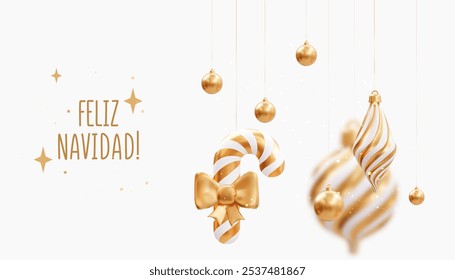 Feliz Navidad template banner with minimalist-style Christmas ornaments. A greeting card for Christmas and New Year celebrations.