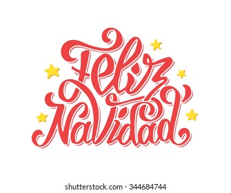 Feliz Navidad text lettering with stars isolated on white vector background. Typography for Merry Christmas greeting card, invitation or poster design in spanish