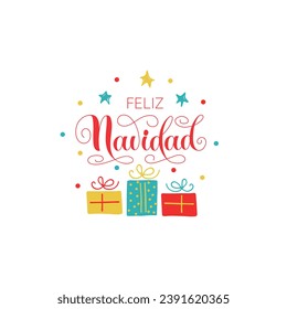 Feliz Navidad text meaning Merry Christmas in Spanish, hand drawn lettering. Modern brush calligraphy isolated on white background. Design for poster, greeting card, banner, print, invitation