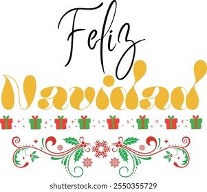 Feliz Navidad Text bedeutet Frohe Weihnachten auf Spanisch, handgezeichnete Beschriftung. Moderne Pinselkalligraphie einzeln auf weißem Hintergrund. Design für Poster, Grußkarte, Banner, Druck, Einladung