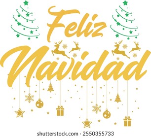 Feliz Navidad Text bedeutet Frohe Weihnachten auf Spanisch, handgezeichnete Beschriftung. Moderne Pinselkalligraphie einzeln auf weißem Hintergrund. Design für Poster, Grußkarte, Banner, Druck, Einladung