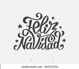 Feliz Navidad text on vintage greeting card design template with typography on white grunge paper texture. Retro letterpress poster for Merry Christmas. Festive vector background