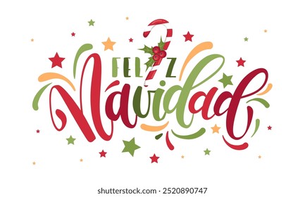 Feliz Natal - Texto em espanhol feliz Natal. Banner de Natal, ilustração vetorial. Cartaz, cartão para redes sociais, redes e outros