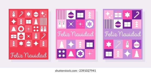 Feliz Navidad - three Christmas cards set in Spanish language. Modern Christmas greetings design in red, pink and purple.