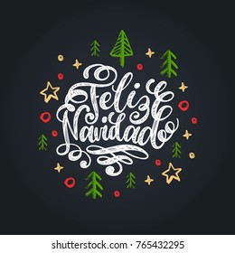 Feliz Navidad translated from spanish Merry Christmas hand lettering on stars and spruces background.. Happy Holidays typography for greeting card template or poster concept.