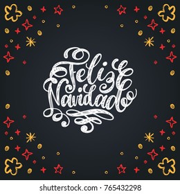 Feliz Navidad translated from spanish Merry Christmas hand lettering on stars and snowflakes background. Happy Holidays typography for greeting card template or poster concept.