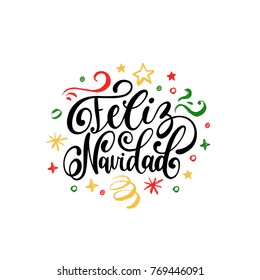 Feliz Navidad translated from spanish Merry Christmas hand lettering on stars and snowflakes background. Happy Holidays typography for greeting card template or poster concept.