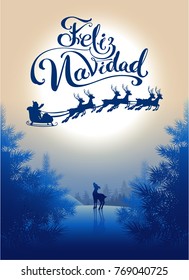 Feliz navidad translation from Spanish Merry Christmas. Lettering calligraphy text for greeting card. Silhouette Santa sleigh of reindeer in night sky. Vector illustration