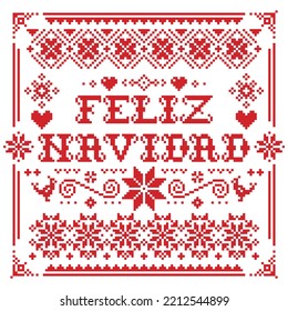 Feliz Navidad vector greeting square card pattern in red on white background - Scandinavian Christmas knnitting, cross-stitch design. Nordic retro Xmas repetitive background in Spanish with snowflakes