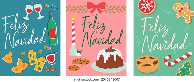 'Feliz Navidad' Vektor illustriert, handgemachte Weihnachtskarte Set.